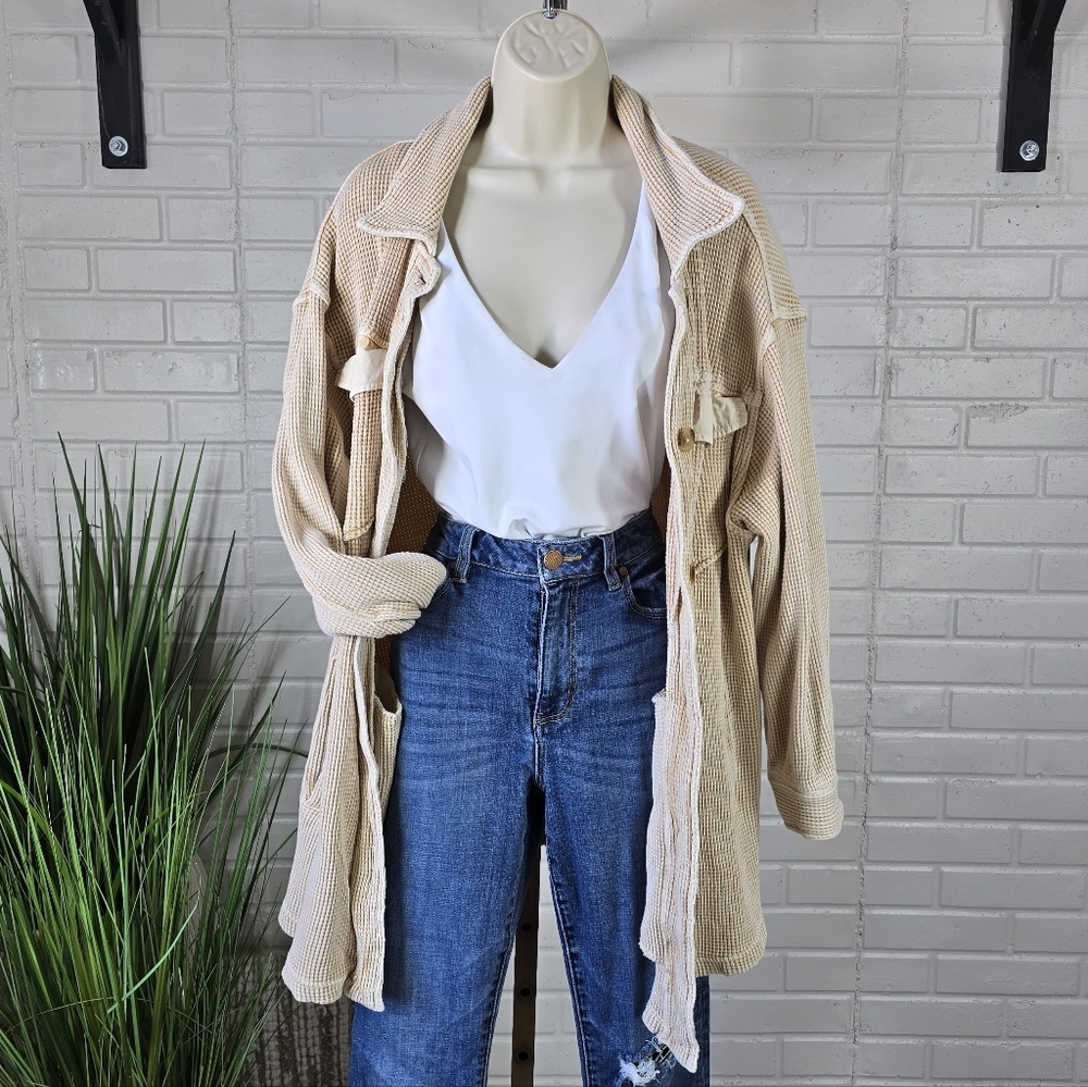 Bagatelle Tan Cream Button Up Waffle Shirt Jacket Size Large